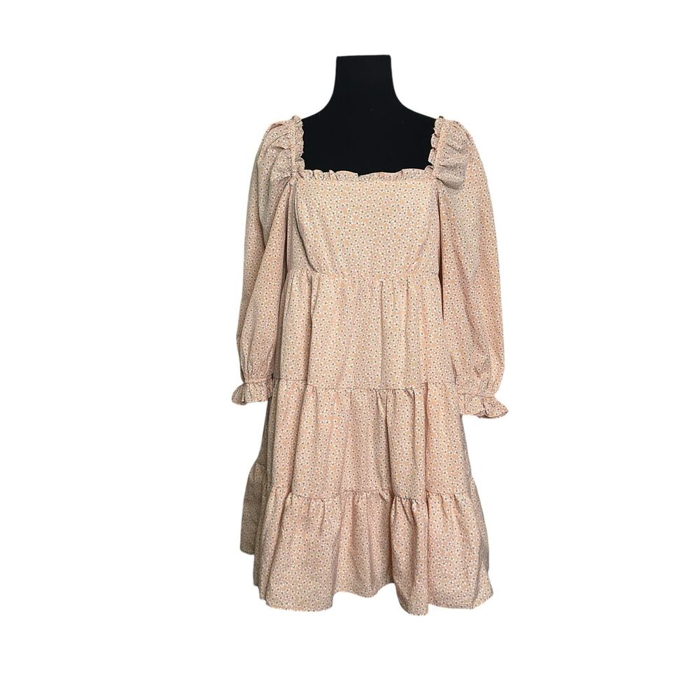 Judith March pink floral puff 3/4 sleeves tier mini dress size M